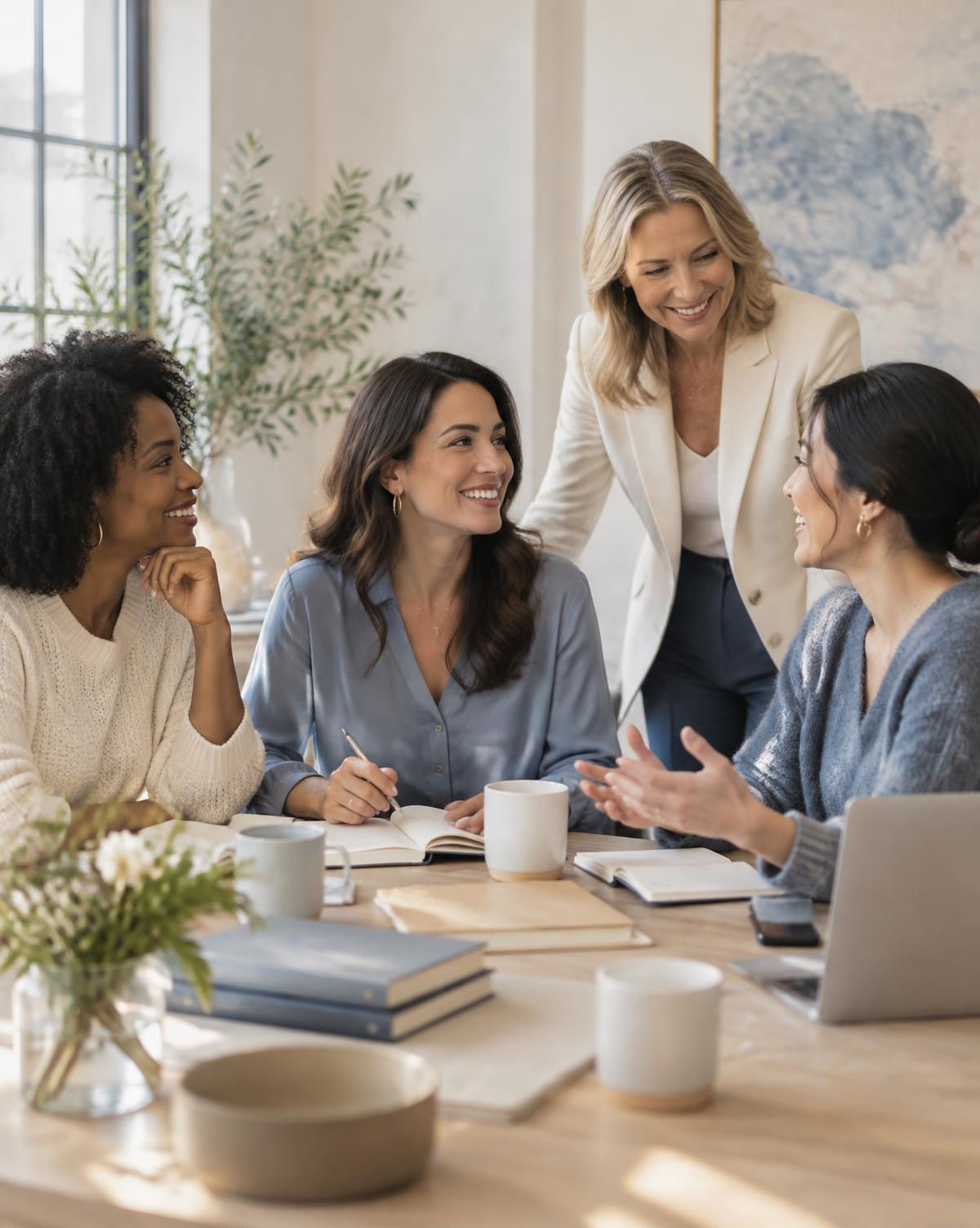 Editorial illustration of women connecting around a table